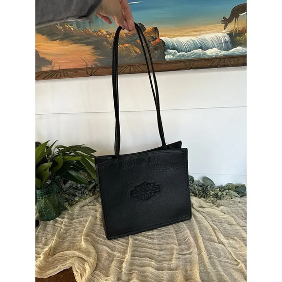 Vtg HARLEY DAVIDSON BLACK GENUINE LEATHER EMBROIDERED SHOULDER BAG STRUCTURED - Picture 2 of 11